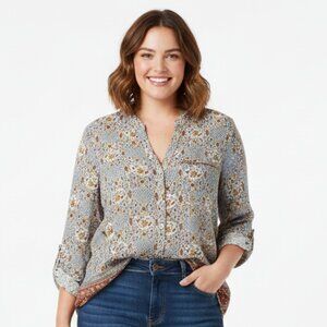 Kut From The Kloth Blouse Womens XL Blue Yellow Floral Button Up Boho Top Shirt